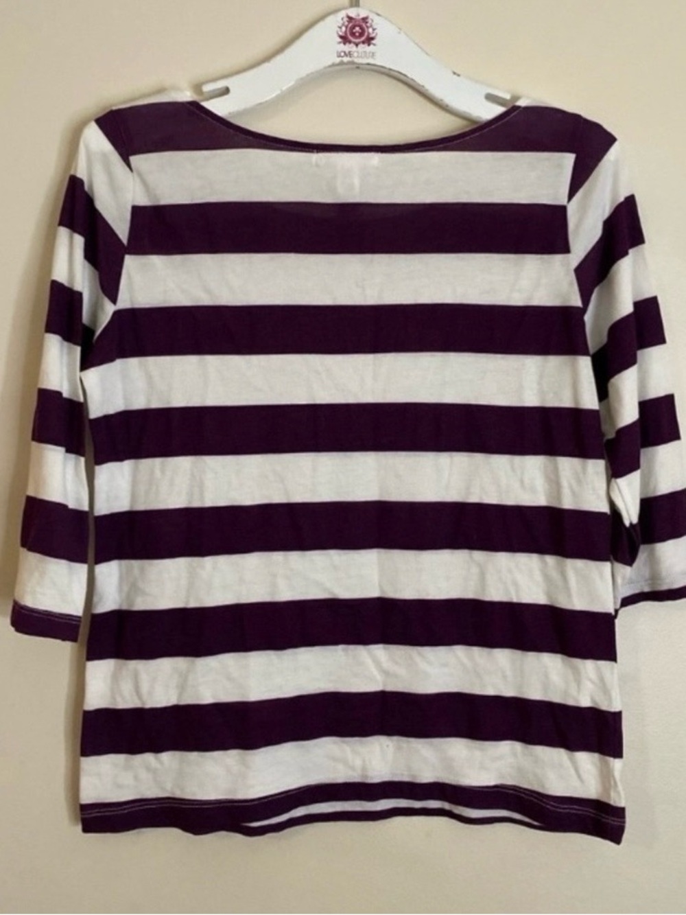 Ambiance cotton Purple and White Striped Boatneck 3/4 Sleeve Top